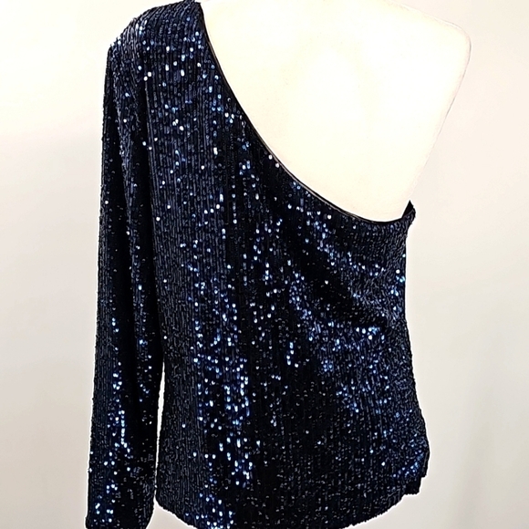WHBM Blue Sequined Exposed Shoulder Evening Blouse - Picture 7 of 13